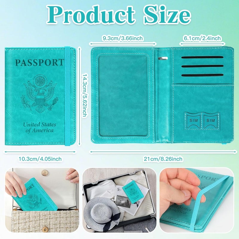 RHOttbiy Passport Holder for Travel, RFID Blocking Passport Cover with Pen Holder Leather Passport Wallet Case Travel Must Haves Accessories Passport Book Card Holder for Family Travel Essentials, Turquoise - Image 3